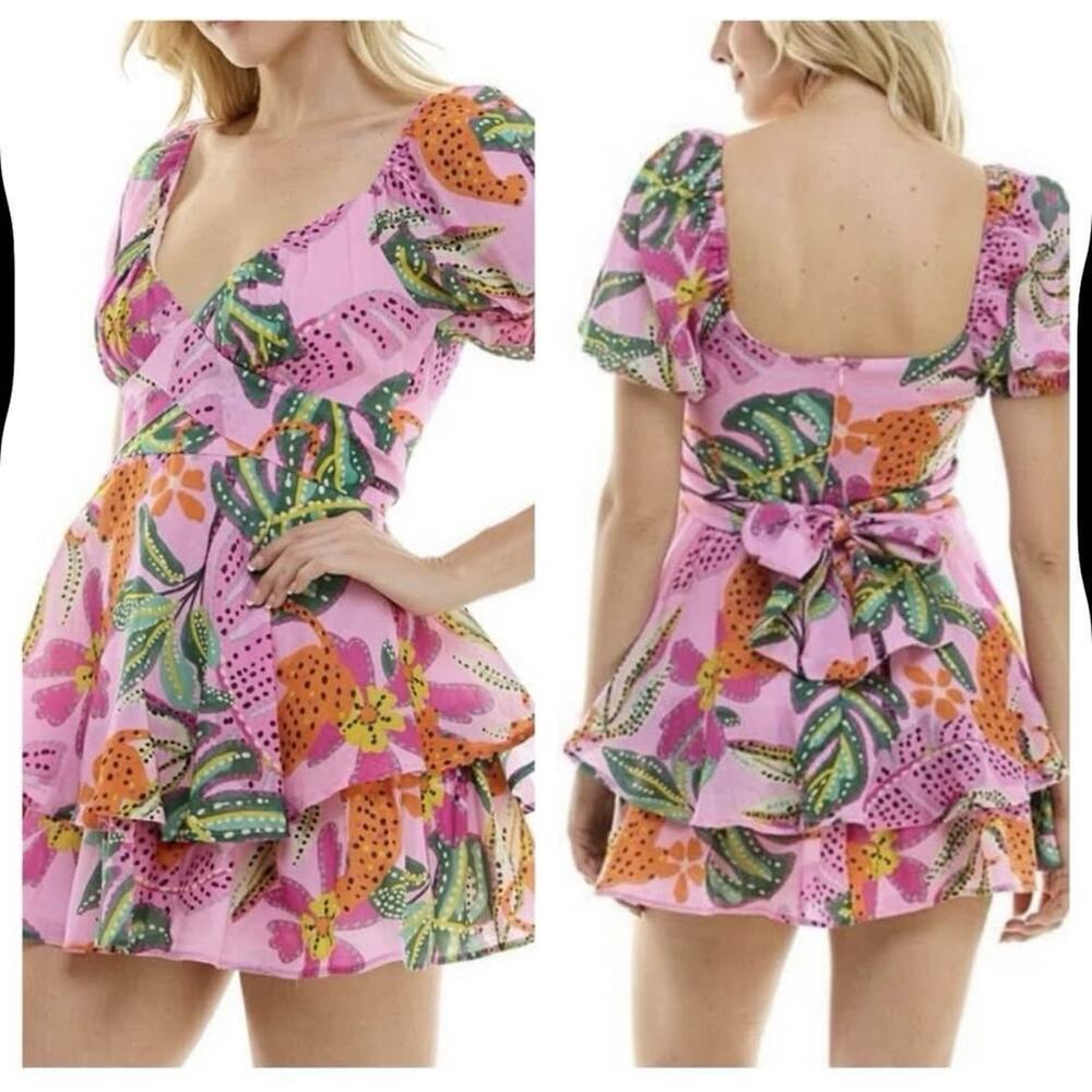 Crystal Sky Women’s Medium Tropical Print Puff Sleeve Tie Back Mini Dress